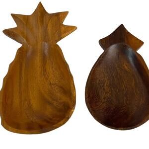 Set of 2 Carved Wooden Pineapple Shaped Bowls Made in Philippines MCM Vintage